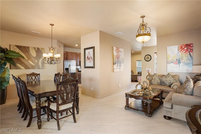 dining room with light tile patterned floors, recessed lighting, a notable chandelier, visible vents, and baseboards