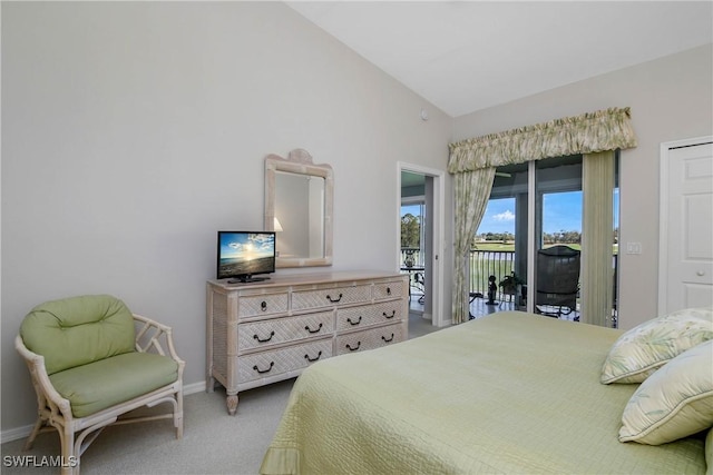 bedroom with access to outside, light colored carpet, lofted ceiling, and baseboards