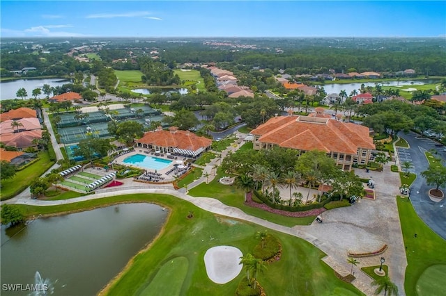 aerial view featuring a water view and golf course view