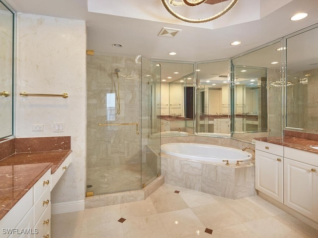 bathroom featuring recessed lighting, visible vents, vanity, a shower stall, and a bath