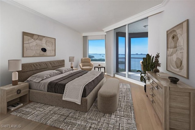 bedroom with access to exterior, light wood-style floors, and crown molding