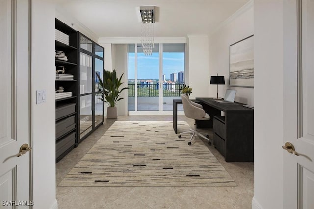 home office featuring expansive windows, a notable chandelier, crown molding, and a view of city