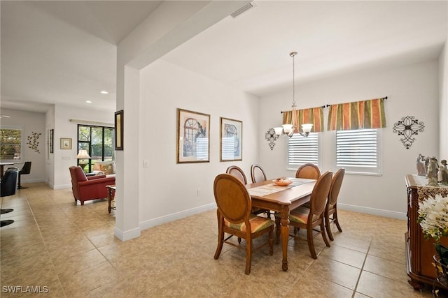 dining space with a notable chandelier, light tile patterned floors, recessed lighting, visible vents, and baseboards