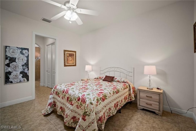 bedroom with visible vents, a closet, a ceiling fan, and baseboards