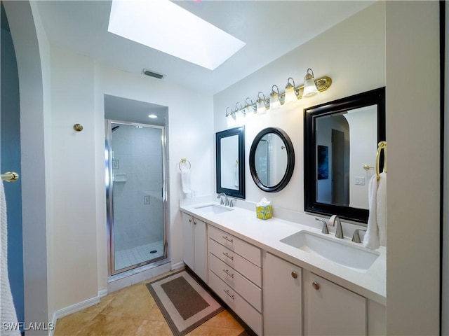 bathroom with double vanity, a stall shower, and a sink