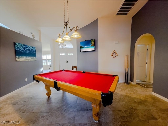 playroom with baseboards, billiards, visible vents, and arched walkways