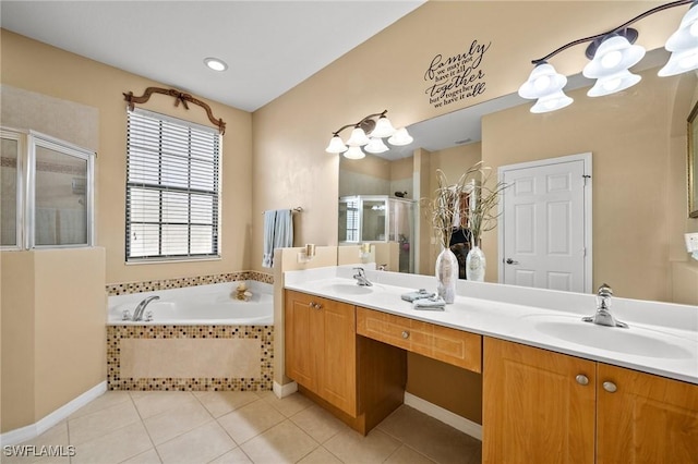 full bathroom with tile patterned floors, a sink, a shower stall, and a bath