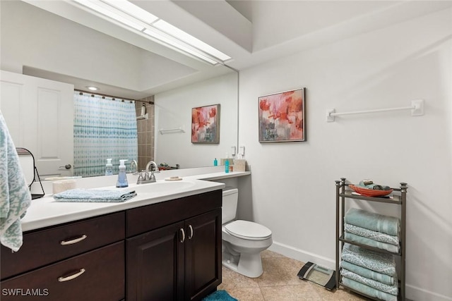 bathroom with baseboards, toilet, a shower with curtain, tile patterned flooring, and vanity