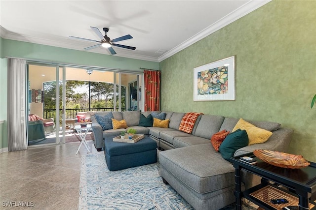 living room with baseboards, a ceiling fan, and crown molding