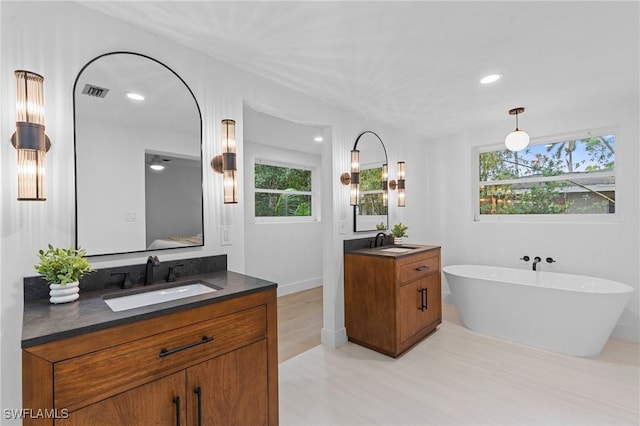 full bathroom with a freestanding bath, a sink, and a wealth of natural light