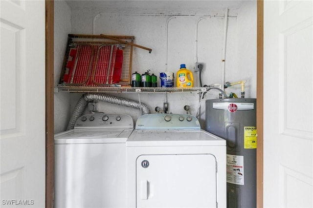 laundry room featuring laundry area, electric water heater, and washing machine and clothes dryer