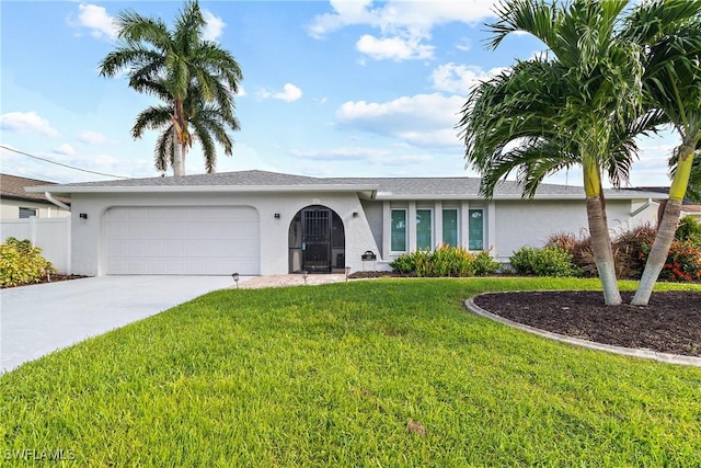 ranch-style house featuring driveway, a front lawn, an attached garage, and stucco siding