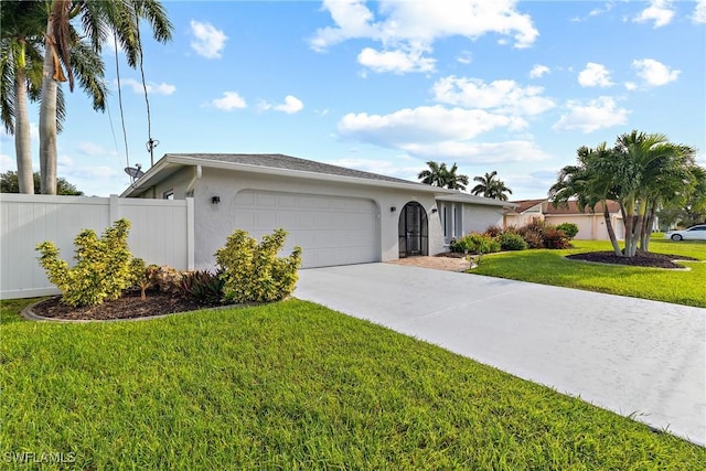 ranch-style home featuring a garage, fence, concrete driveway, stucco siding, and a front lawn