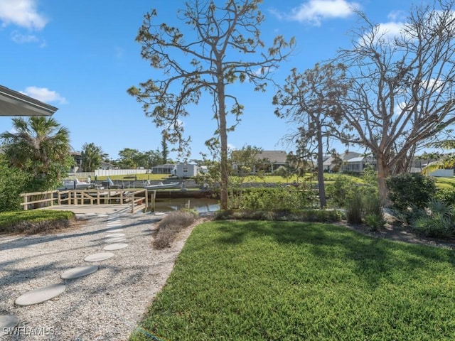 view of yard with a dock