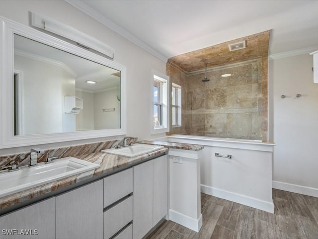 bathroom with a sink, visible vents, ornamental molding, and a walk in shower