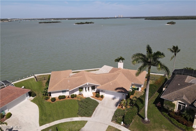 aerial view featuring a water view