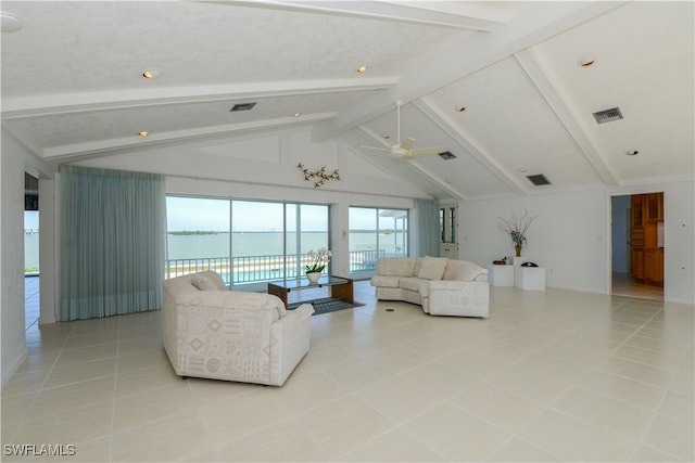 living area featuring light tile patterned floors, a water view, visible vents, ceiling fan, and beamed ceiling