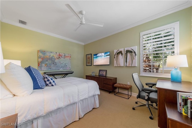 bedroom with crown molding, visible vents, light carpet, ceiling fan, and baseboards