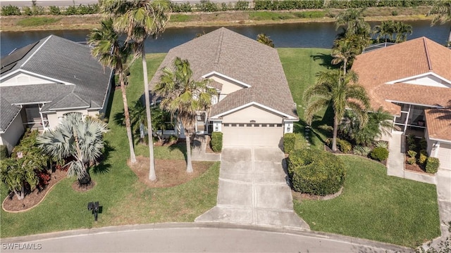 aerial view featuring a water view