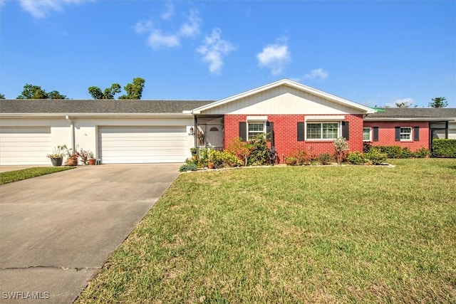 ranch-style home with a garage, a front yard, brick siding, and driveway