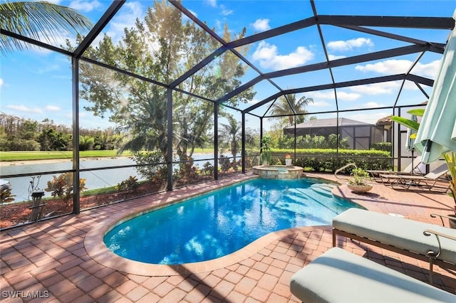 view of pool featuring a patio area, a lanai, and a pool with connected hot tub