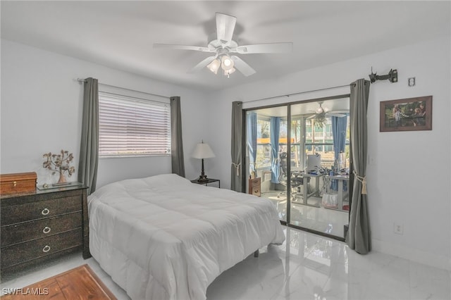 16221 Buccaneer St, Bokeelia, FL 33922 - bedroom featuring baseboards, marble finish floor, access to exterior, and ceiling fan