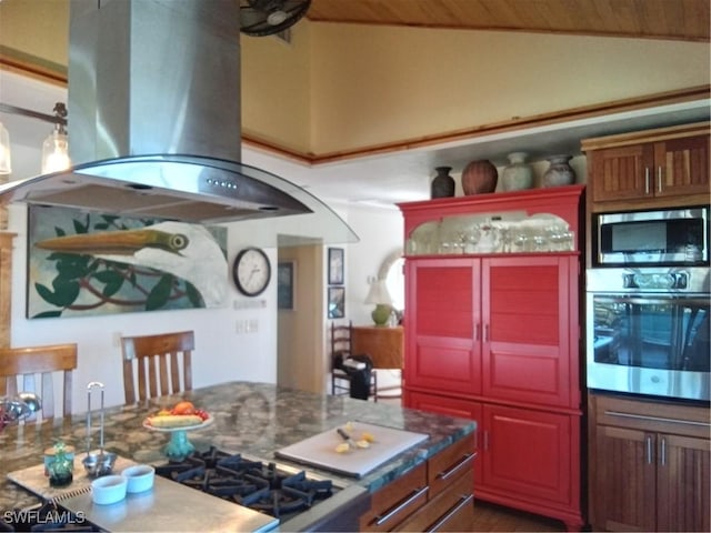 kitchen with lofted ceiling, stone countertops, wooden ceiling, appliances with stainless steel finishes, and island exhaust hood