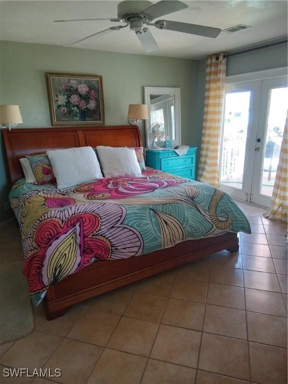 tiled bedroom featuring french doors, a ceiling fan, visible vents, and access to exterior