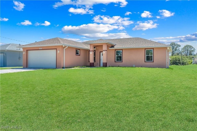 view of front of property with a front yard, concrete driveway, a garage, and stucco siding