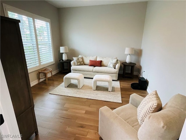 living area featuring baseboards and wood finished floors