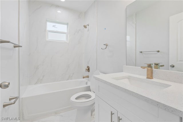 full bathroom with marble finish floor, shower / bathing tub combination, vanity, and toilet