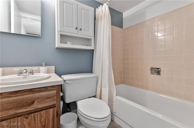 full bathroom featuring toilet, shower / bathtub combination with curtain, and vanity