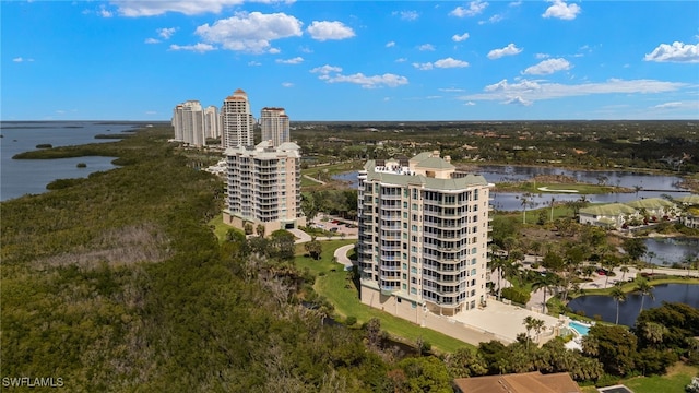 drone / aerial view featuring a view of city and a water view