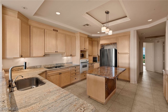 kitchen featuring appliances with stainless steel finishes, a tray ceiling, and light brown cabinets