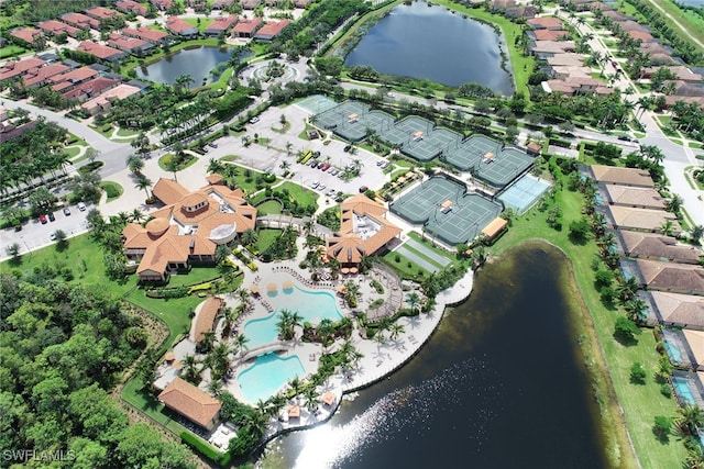 aerial view featuring a water view and a residential view