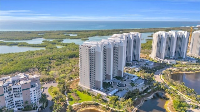 drone / aerial view featuring a city view and a water view