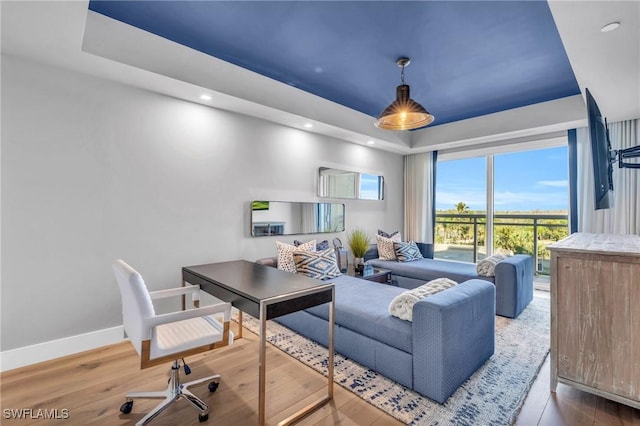 office with baseboards, a tray ceiling, and wood finished floors