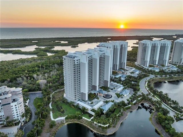 aerial view featuring a view of city and a water view