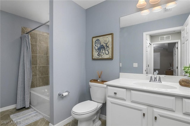 full bathroom with shower / tub combo, baseboards, visible vents, toilet, and vanity