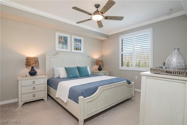 bedroom with light carpet, baseboards, a ceiling fan, and crown molding