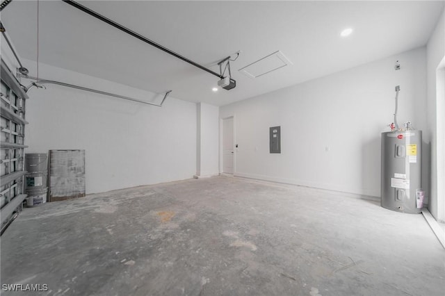 garage featuring a garage door opener, electric panel, and water heater