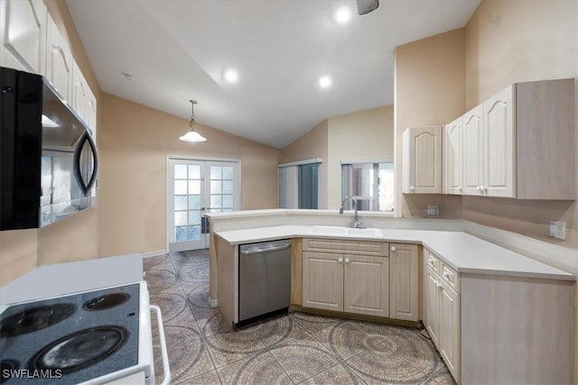 kitchen with black microwave, a sink, light countertops, range, and dishwasher