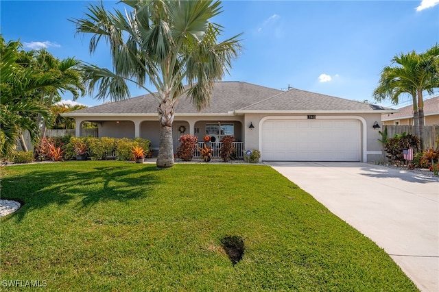 ranch-style home featuring a garage, a front yard, concrete driveway, and stucco siding