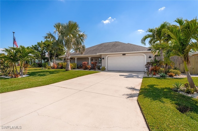 ranch-style house featuring stucco siding, concrete driveway, fence, a garage, and a front lawn