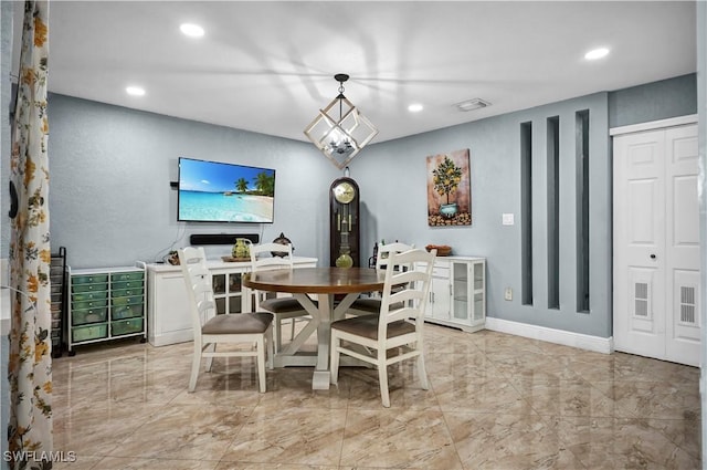 dining space with recessed lighting, marble finish floor, visible vents, and baseboards