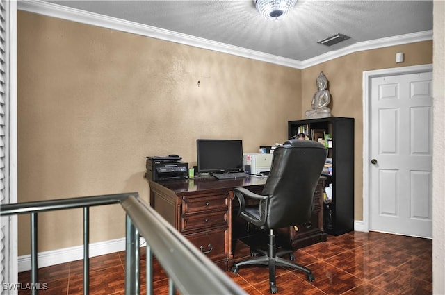 office area featuring dark wood-type flooring, visible vents, crown molding, and baseboards