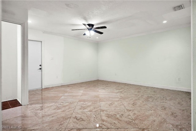 spare room featuring ceiling fan, recessed lighting, visible vents, baseboards, and ornamental molding