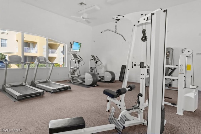 exercise room with visible vents and a ceiling fan