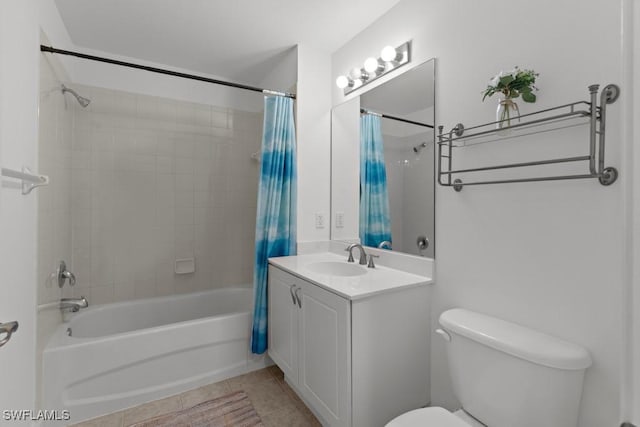 full bathroom with toilet, tile patterned flooring, shower / bath combination with curtain, and vanity