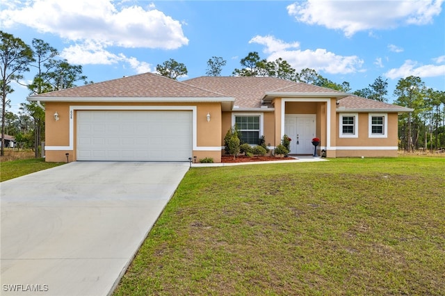 ranch-style house featuring an attached garage, a front lawn, concrete driveway, and stucco siding